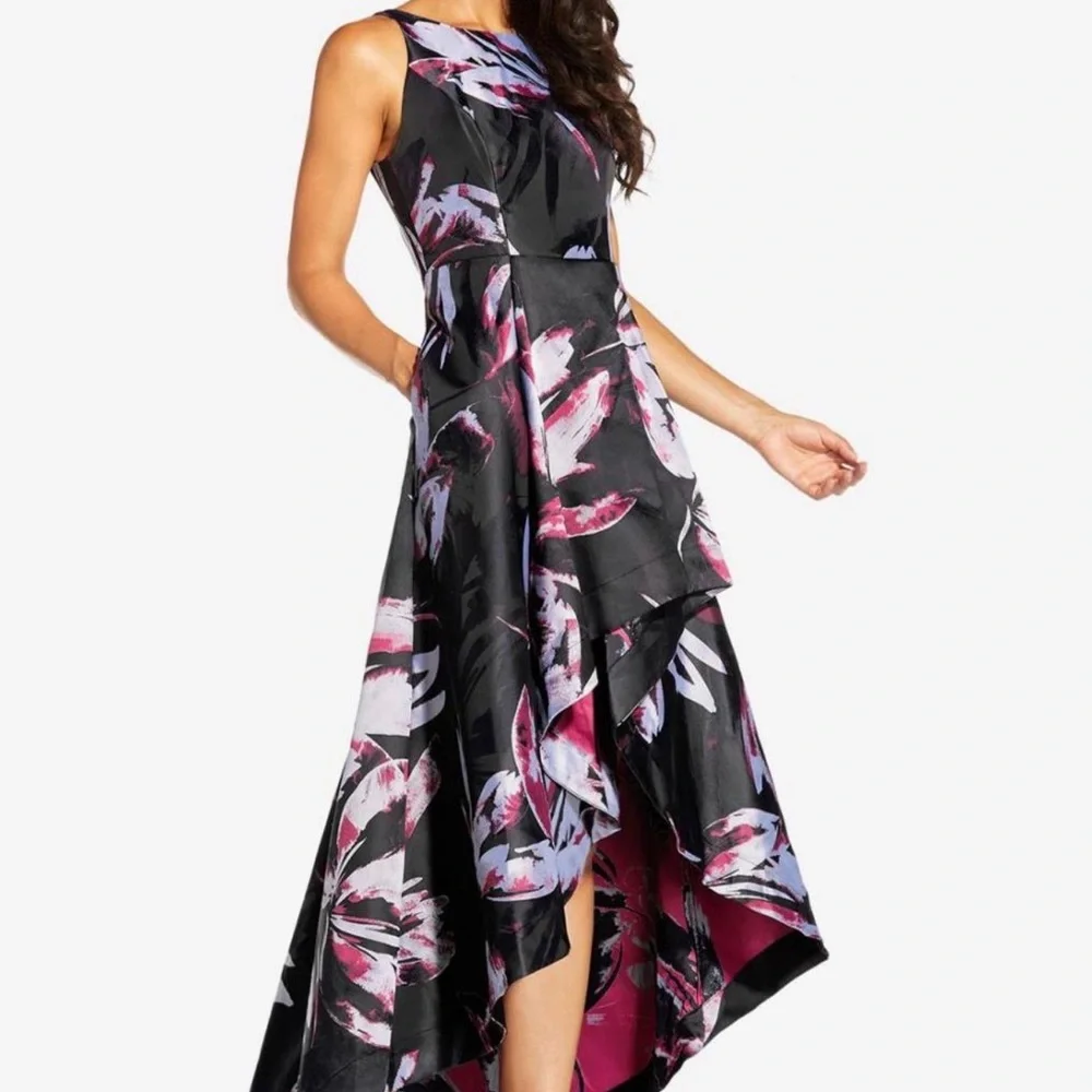 Adrianna Papell Floral High Low Dress Size 4 Black Pink Formal Evening Gown - Picture 4 of 12